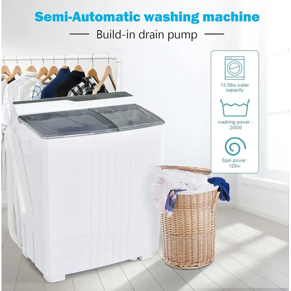 Compact Twin-Tub Portable Washing Machine - 21Lbs Capacity with Washer and Spinner, Built-in Drain Pump, Ideal for RV and Apartm