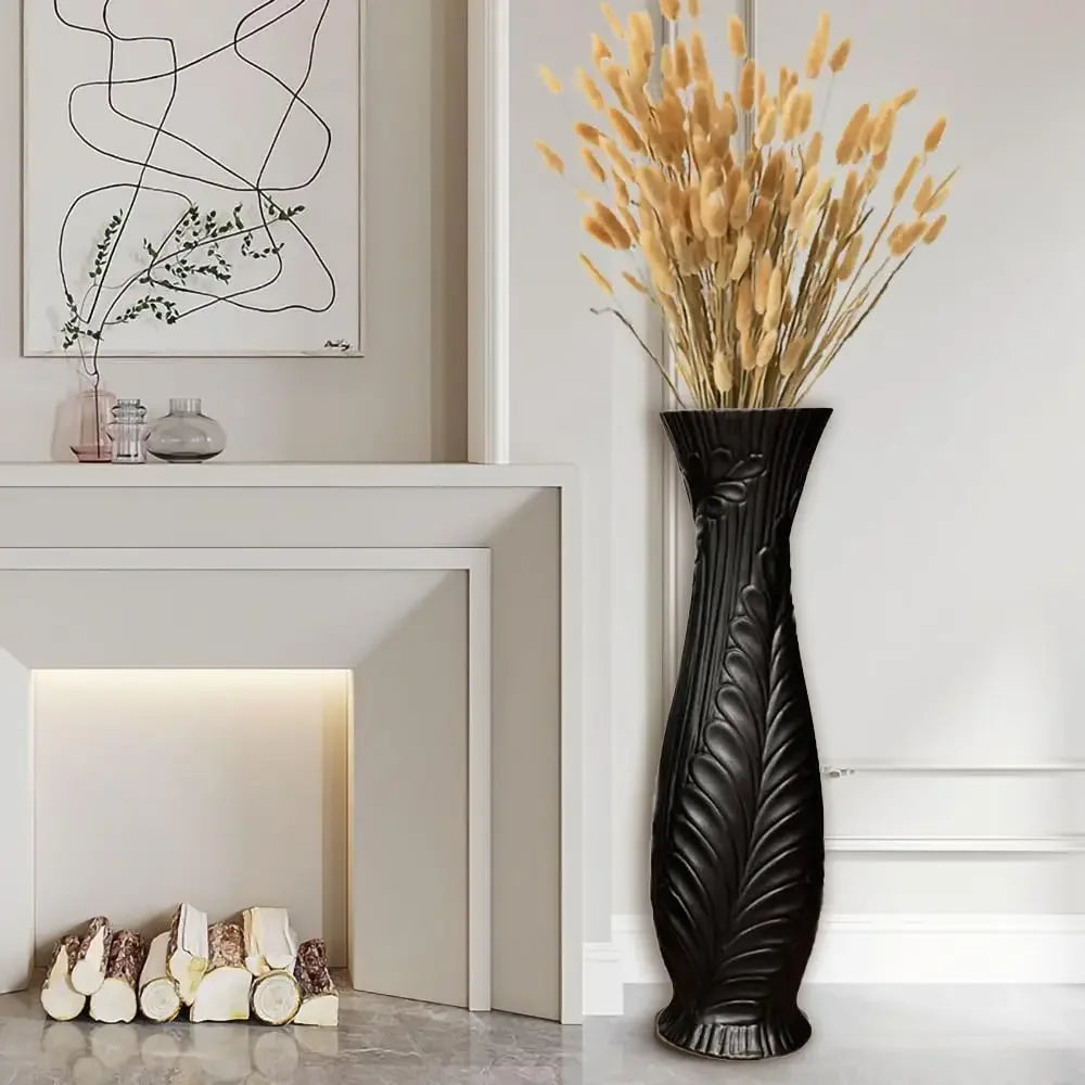 Handmade Ceramic Vase For Pampas Grass Tall Large Black Floor Vase For Home Living Room Decor Feather Pattern Wide Mouth Opening