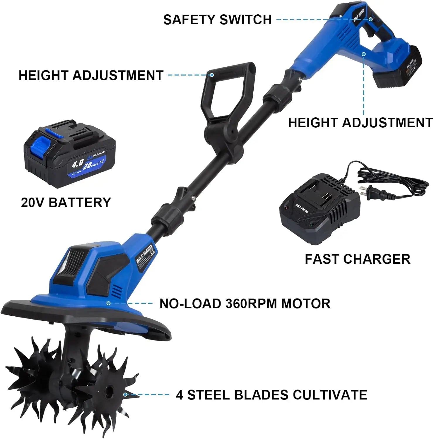 20V Cordless Tiller Cultivator, 8-inch Wide Battery Powered Garden Cultivator, 300RPM Electric Tiller for Lawn, Gardening