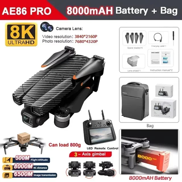 AE86 PRO MAX GPS Drone Professional 8K HD ESC Camera 5G FPV WiFi With 3-Axis Gimbal Flight 28 Minute Brushless RC Quadcopter 8KM