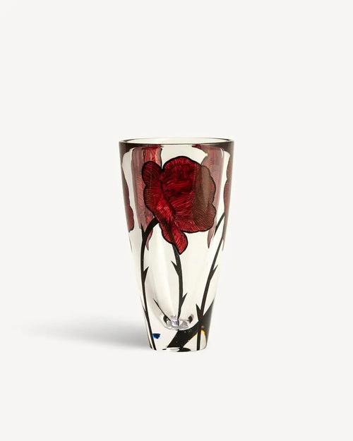 10 Inch Hand Painted Glass Vase Rose Tattoo Inspired Floral Container Table Centerpiece Home Office Decor Red Clear