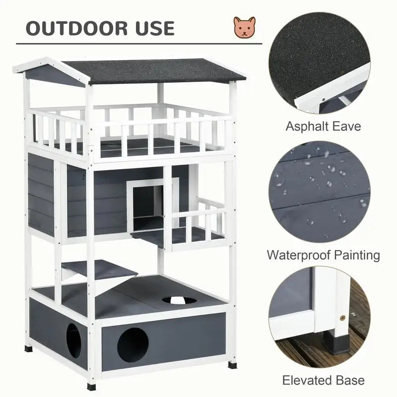 Wooden Outdoor Cat House, Feral Cat Shelter with Asphalt Roof, Escape Doors, Condo, Jumping Platform, Grey Color