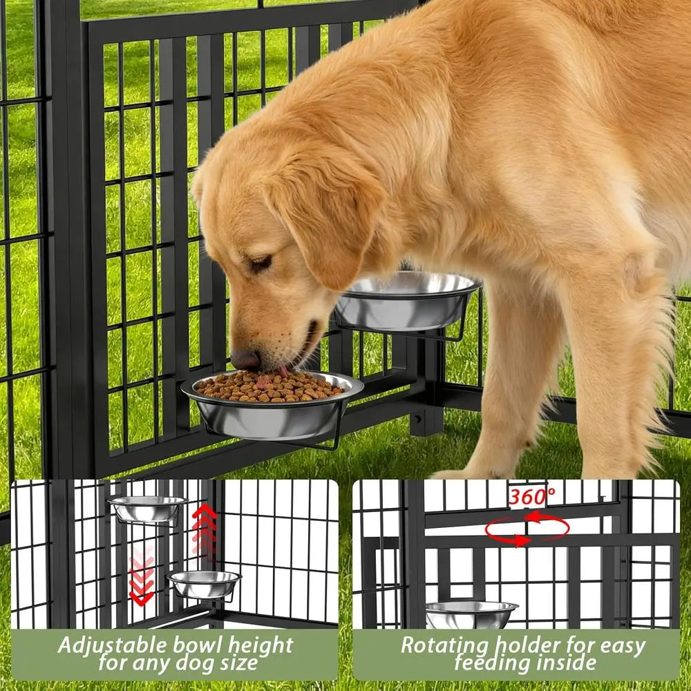 Heavy-Duty Steel Outdoor Dog Kennel, Waterproof, Double-Door, Adjustable Feeding Bowls, Suitable for Small Dogs, 4ft x 4ft x 4.2