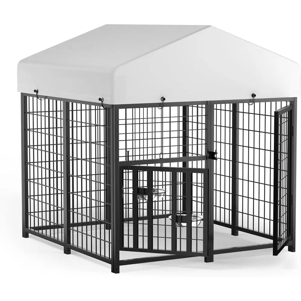 Heavy-Duty Steel Outdoor Dog Kennel, Waterproof, Double-Door, Adjustable Feeding Bowls, Suitable for Small Dogs, 4ft x 4ft x 4.2