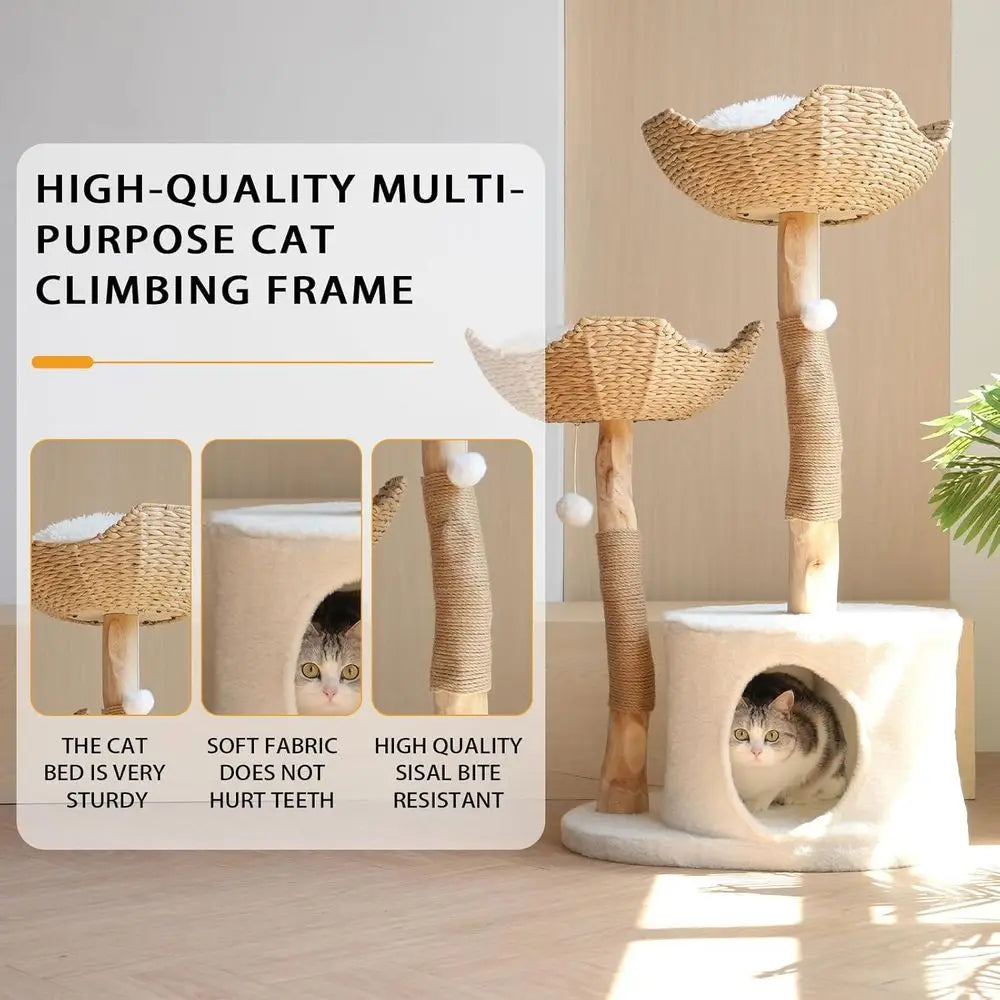 Modern Cat Tree Tower – Wooden Cat Condo with Dangling Ball, Cozy Baskets, Scratching Posts, for Large Indoor Cats, Solid Wood A