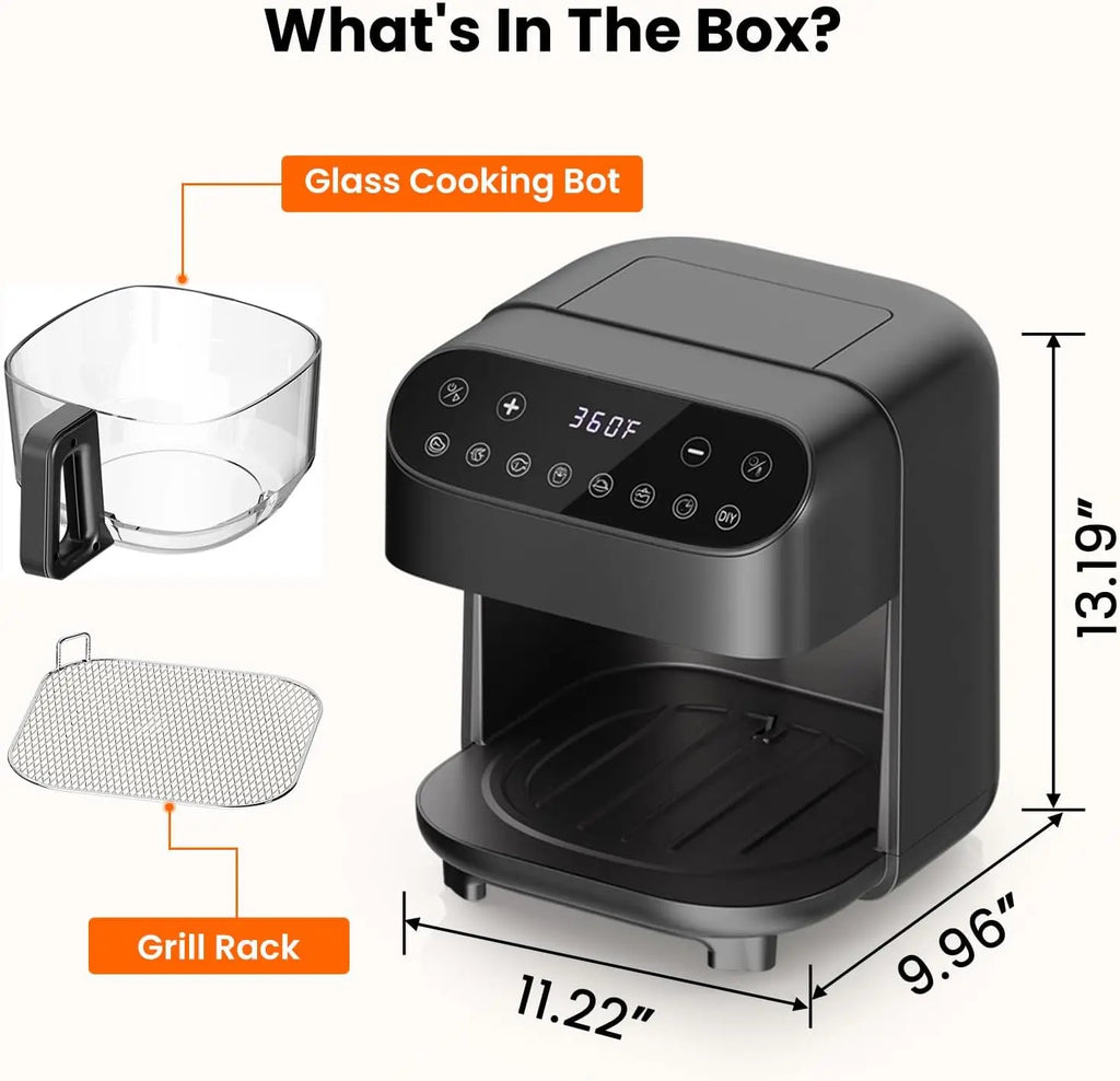 4.5 QT Glass Air Fryer - PFAS-Free & Dishwasher-Safe Basket, 8 Preset Touchscreen, 360° View Cooking, for Healthy Meals in M