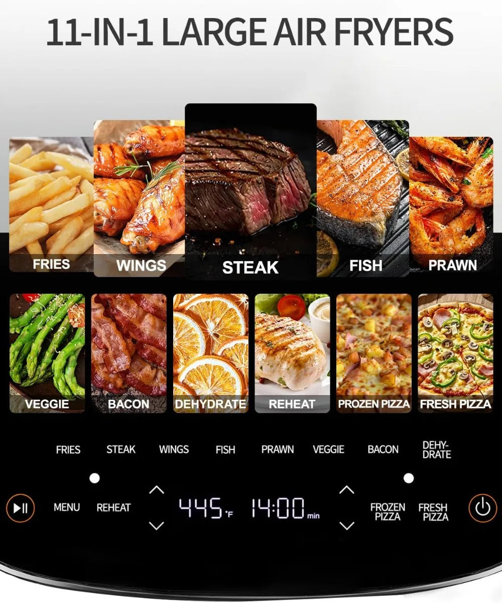 6QT Air Fryer 11-in-1, Fast Cooking with Top & Bottom Heat, No Flip, Quiet 50dB, Family Size Digital, Fits 12" Pizza or Steaks
