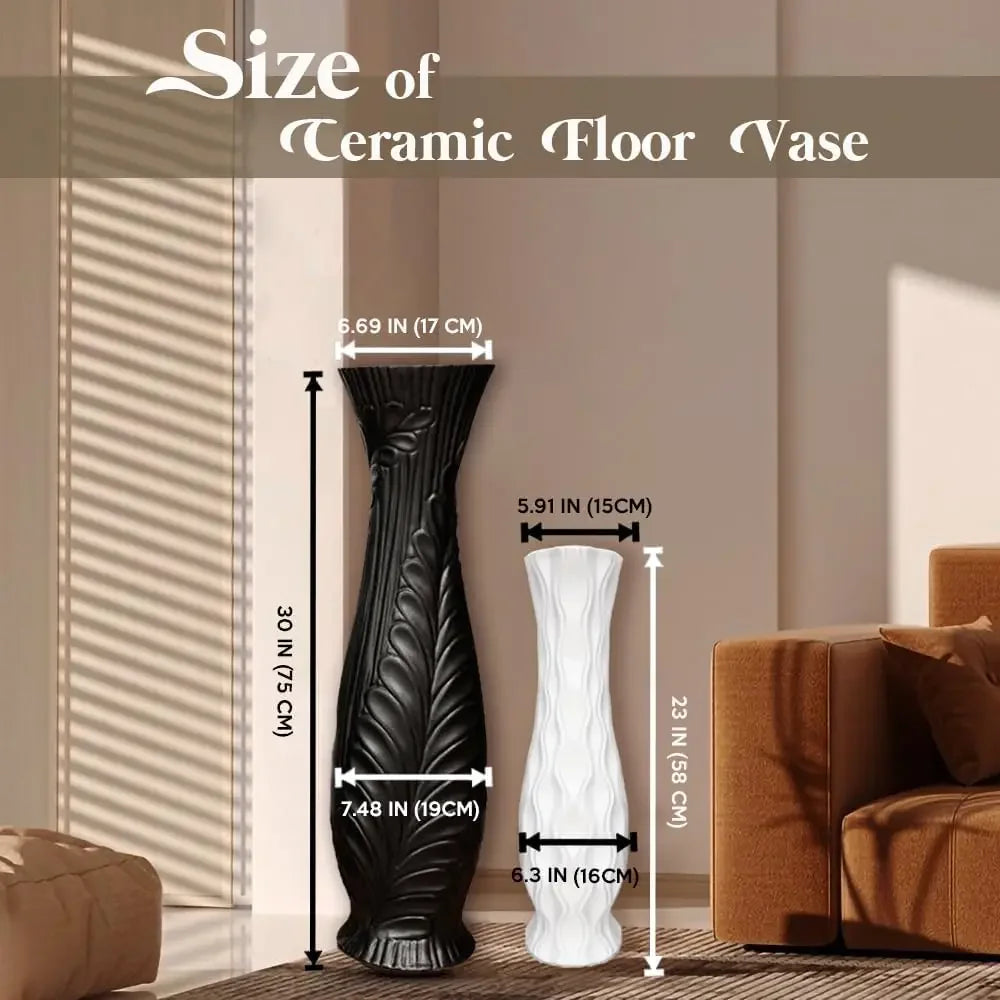 Handmade Ceramic Vase For Pampas Grass Tall Large Black Floor Vase For Home Living Room Decor Feather Pattern Wide Mouth Opening