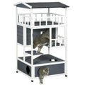 Wooden Outdoor Cat House, Feral Cat Shelter with Asphalt Roof, Escape Doors, Condo, Jumping Platform, Grey Color