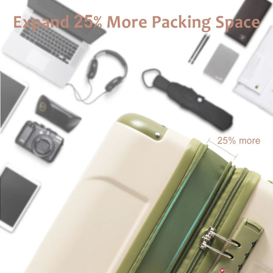 Hardshell luggage for checked travel, ABS material, white and green color, lightweight durable with double wheels and expandabl