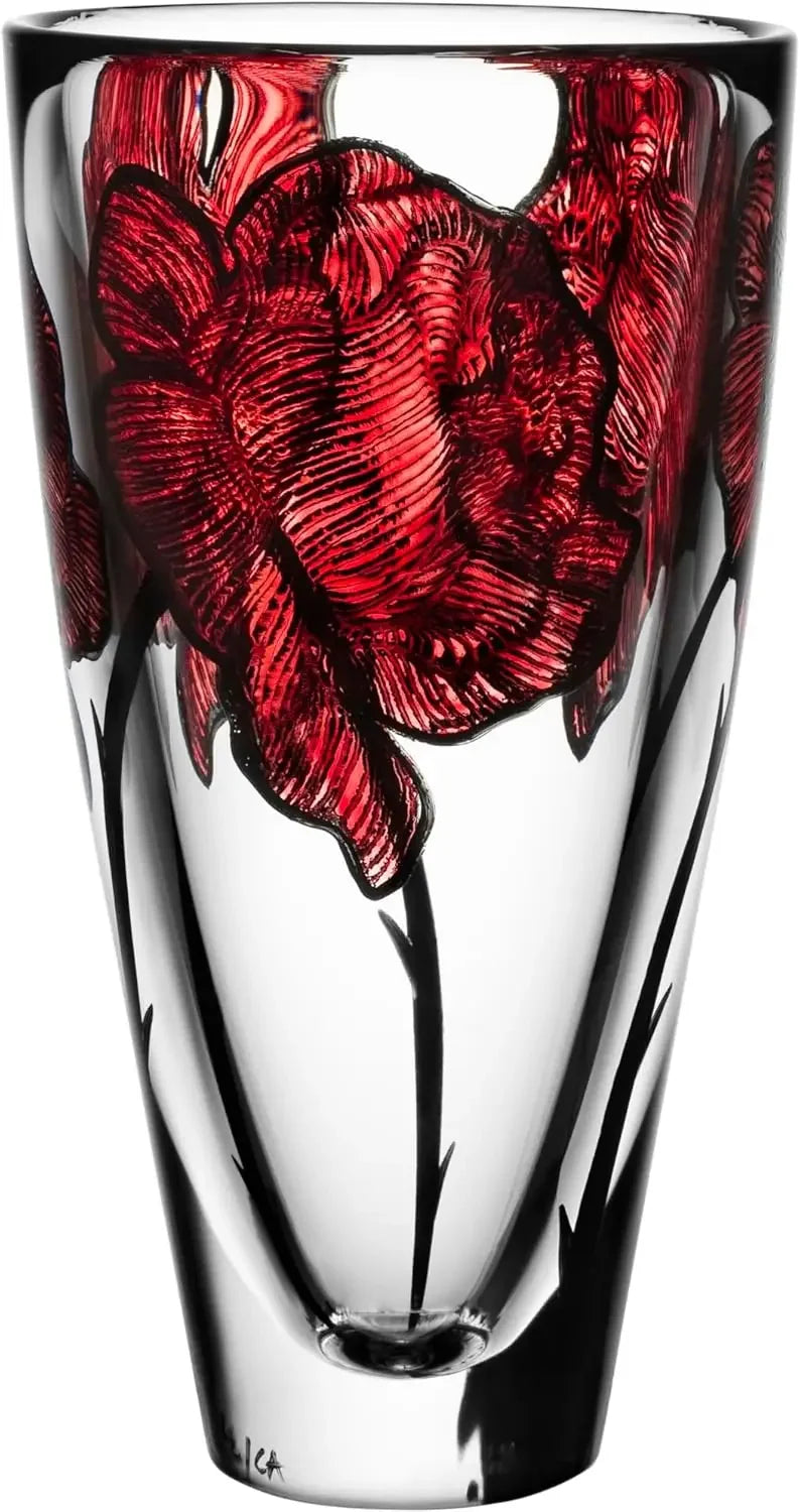 10 Inch Hand Painted Glass Vase Rose Tattoo Inspired Floral Container Table Centerpiece Home Office Decor Red Clear