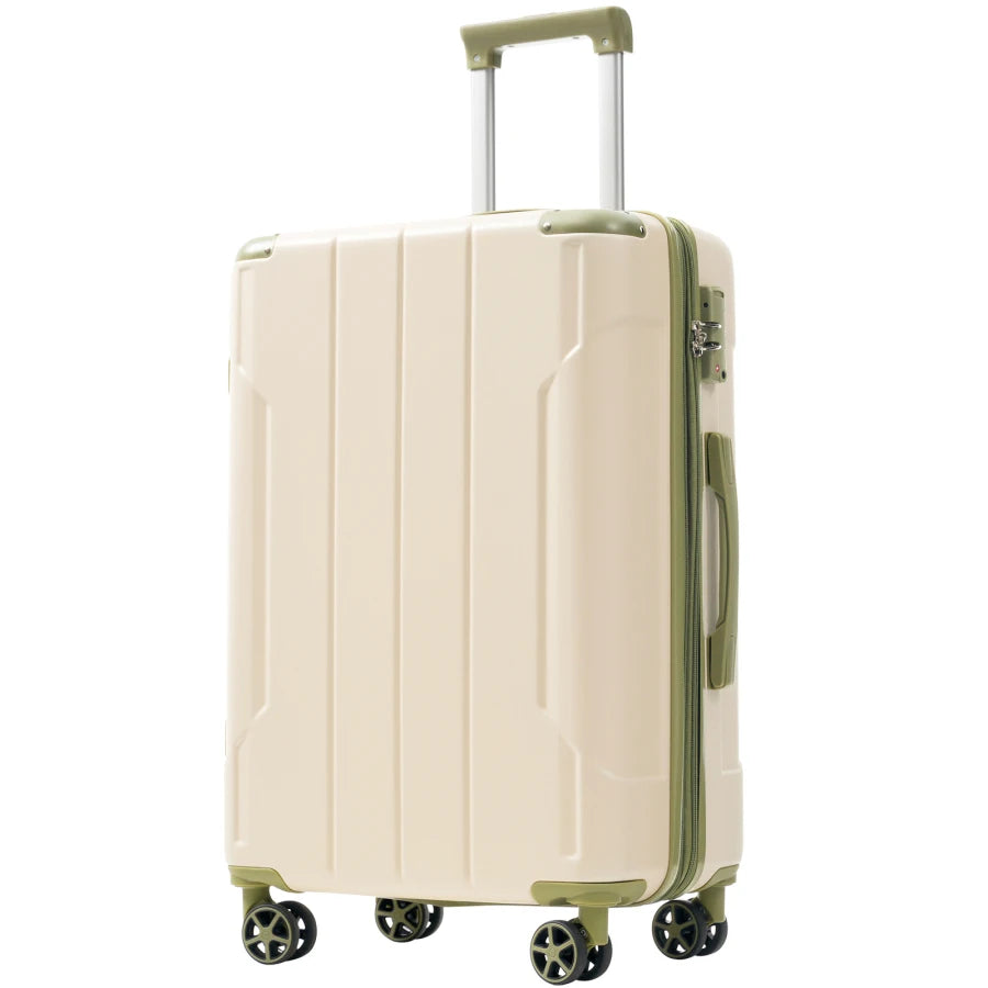 Hardshell luggage for checked travel, ABS material, white and green color, lightweight durable with double wheels and expandabl