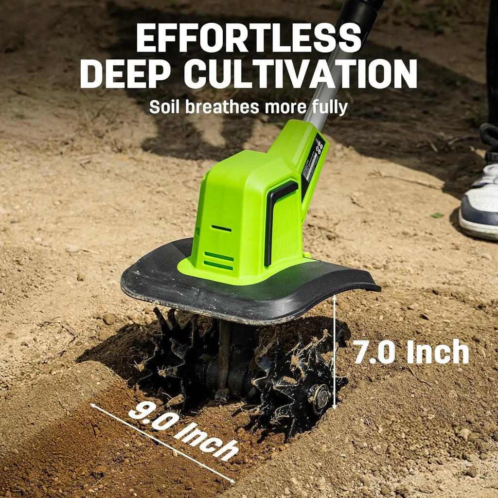 20V Battery Powered Tiller, 360 RPM Cordless Tiller, 400W Powerful Motor, 9-inch Tilling Width and 7-inch Depth Portable Rotary