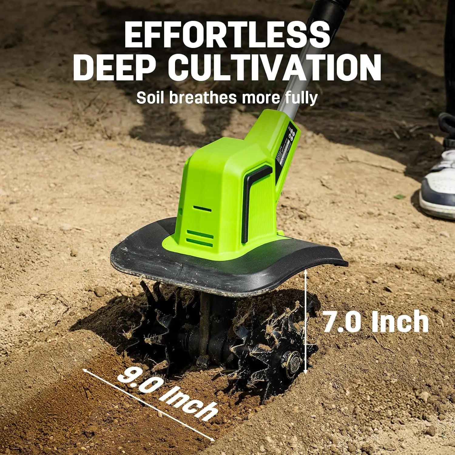 20V Battery Powered Tiller, 360 RPM Cordless Tiller, 400W Powerful Motor, 9-inch Tilling Width and 7-inch Depth Portable Rotary