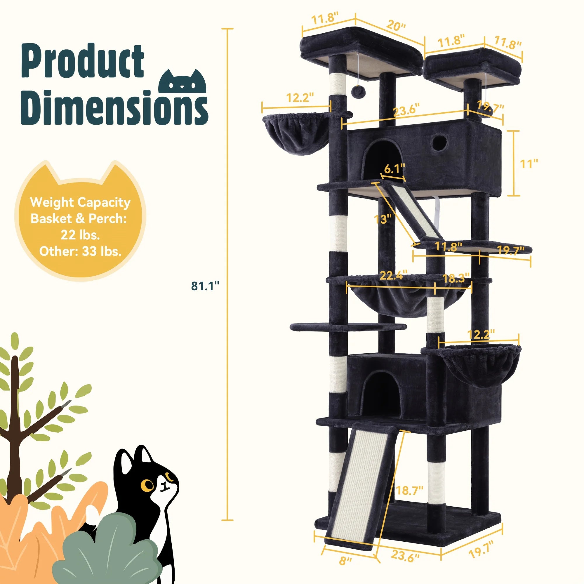HOOMIC 81-Inch Multi-Level Tall Cat Tree for Indoor Cats/ Large Cat Tower with Plush Condo/ Hanging Hammock & Basket/ Comfortable Cat Perches/ Sisal Scratching Posts/ Sturdy Base/ Spacious Play House/ Pet Furniture/ Free Ship