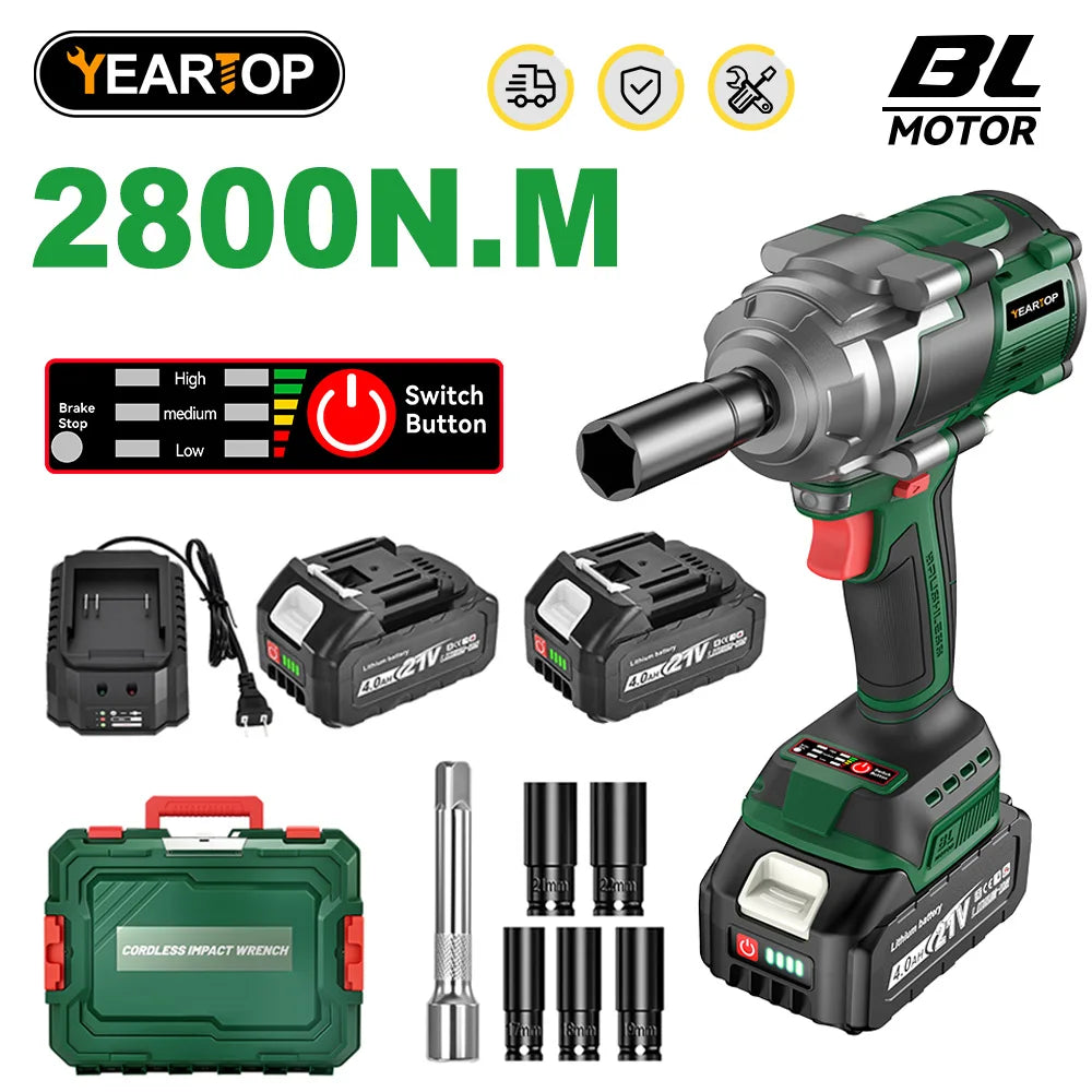 YEARTOP 2800N.M Brushless Electric Extended Anvil Impact Wrench 1/2 Inch Cordless Car Repair Power Tool For Makita 18V Battery