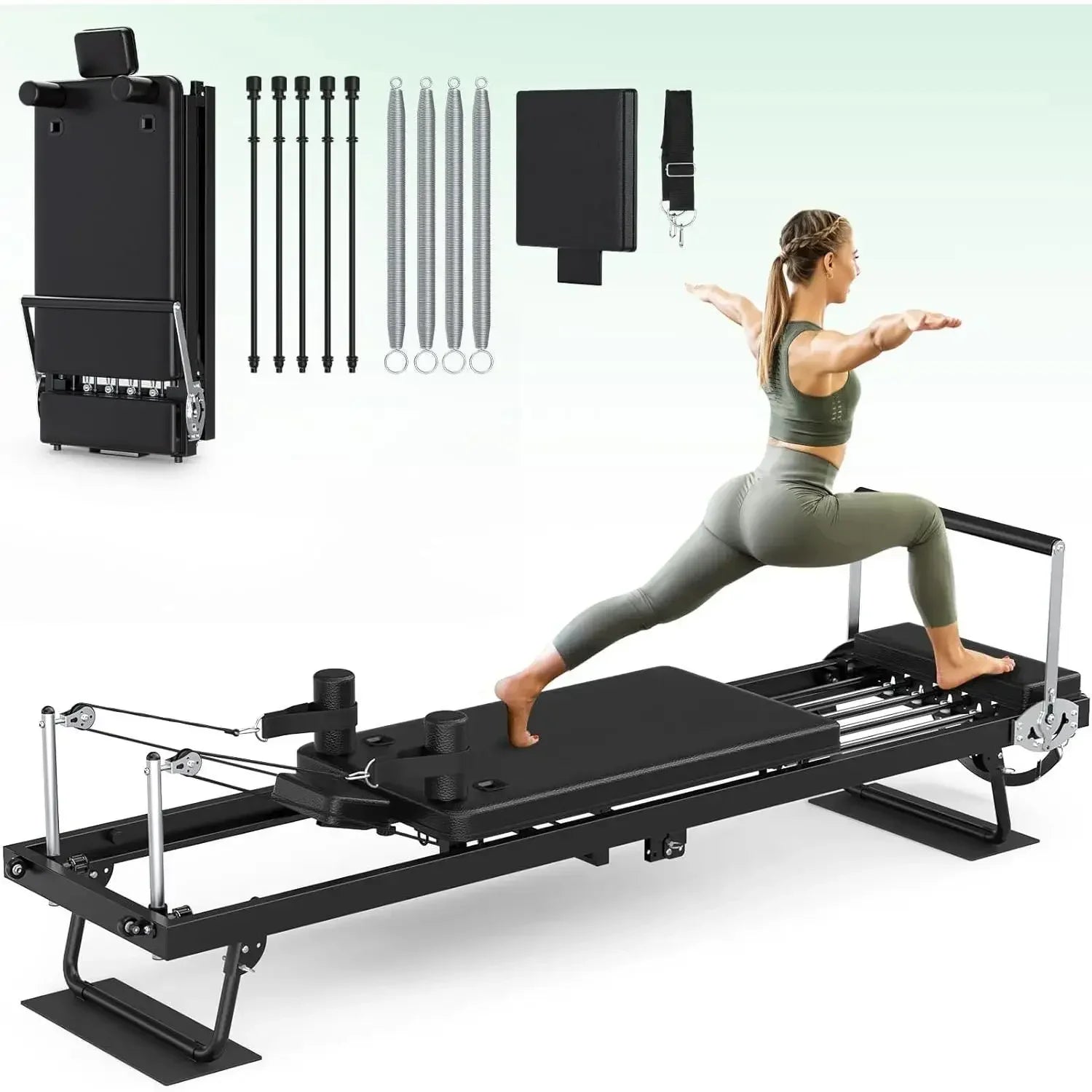 Pilates Machine 91.3" Large Foldable  with Longer Slide Rails Jump Board 2 Resistance Combinations 6.2' Height Friendly