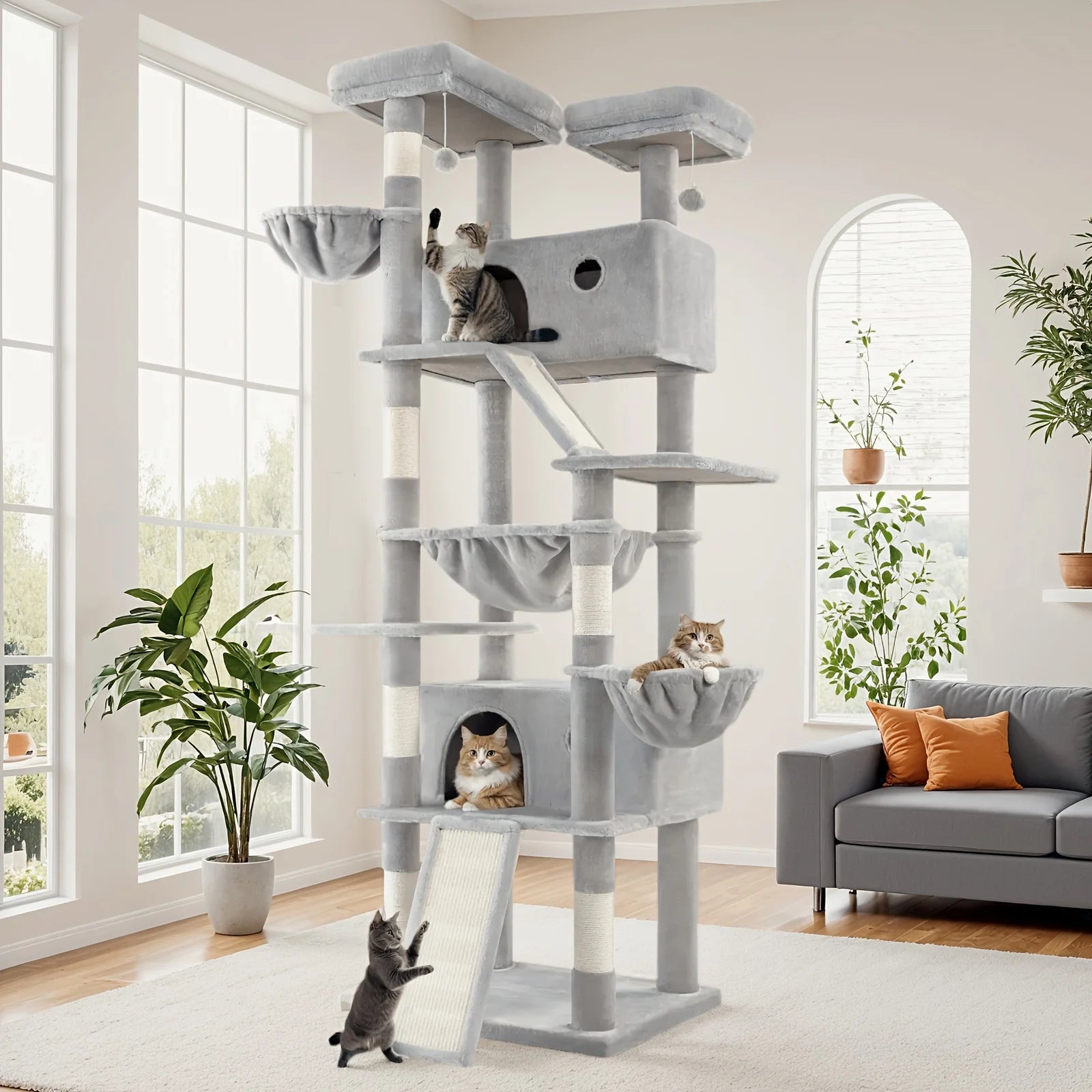 HOOMIC 81-Inch Multi-Level Tall Cat Tree for Indoor Cats/ Large Cat Tower with Plush Condo/ Hanging Hammock & Basket/ Comfortable Cat Perches/ Sisal Scratching Posts/ Sturdy Base/ Spacious Play House/ Pet Furniture/ Free Ship
