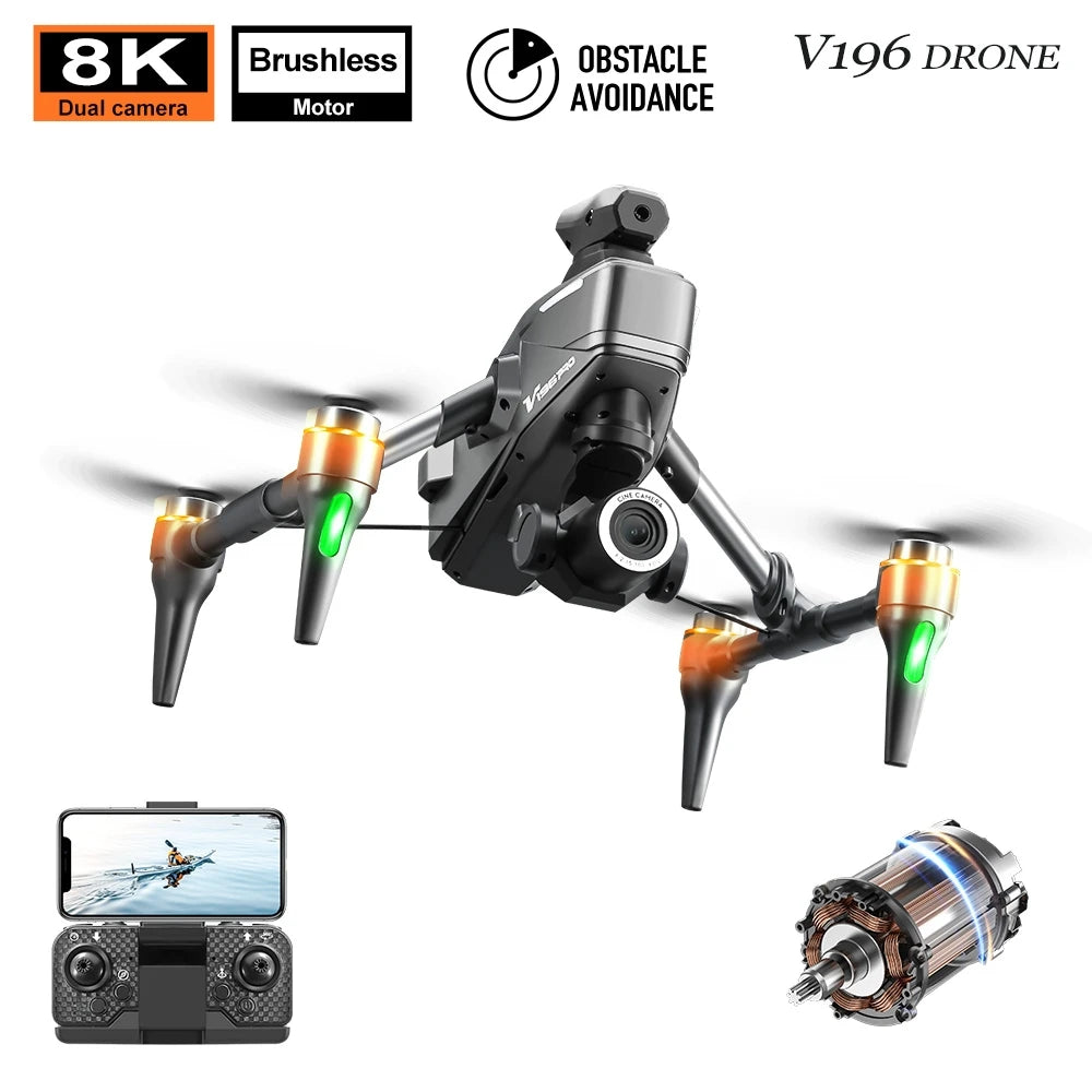 New V196 Drone 8K Professional HD Dual Camera Wifi 360° Obstacle Avoidance Brushless Foldable Quadcopter RC Drone Toy