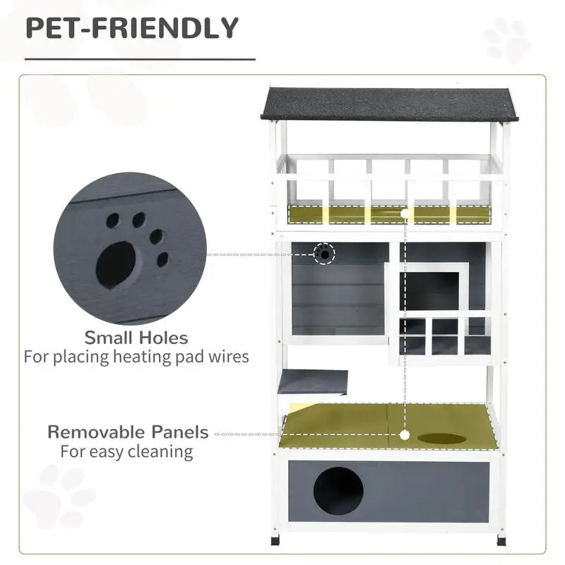 Wooden Outdoor Cat House, Feral Cat Shelter with Asphalt Roof, Escape Doors, Condo, Jumping Platform, Grey Color