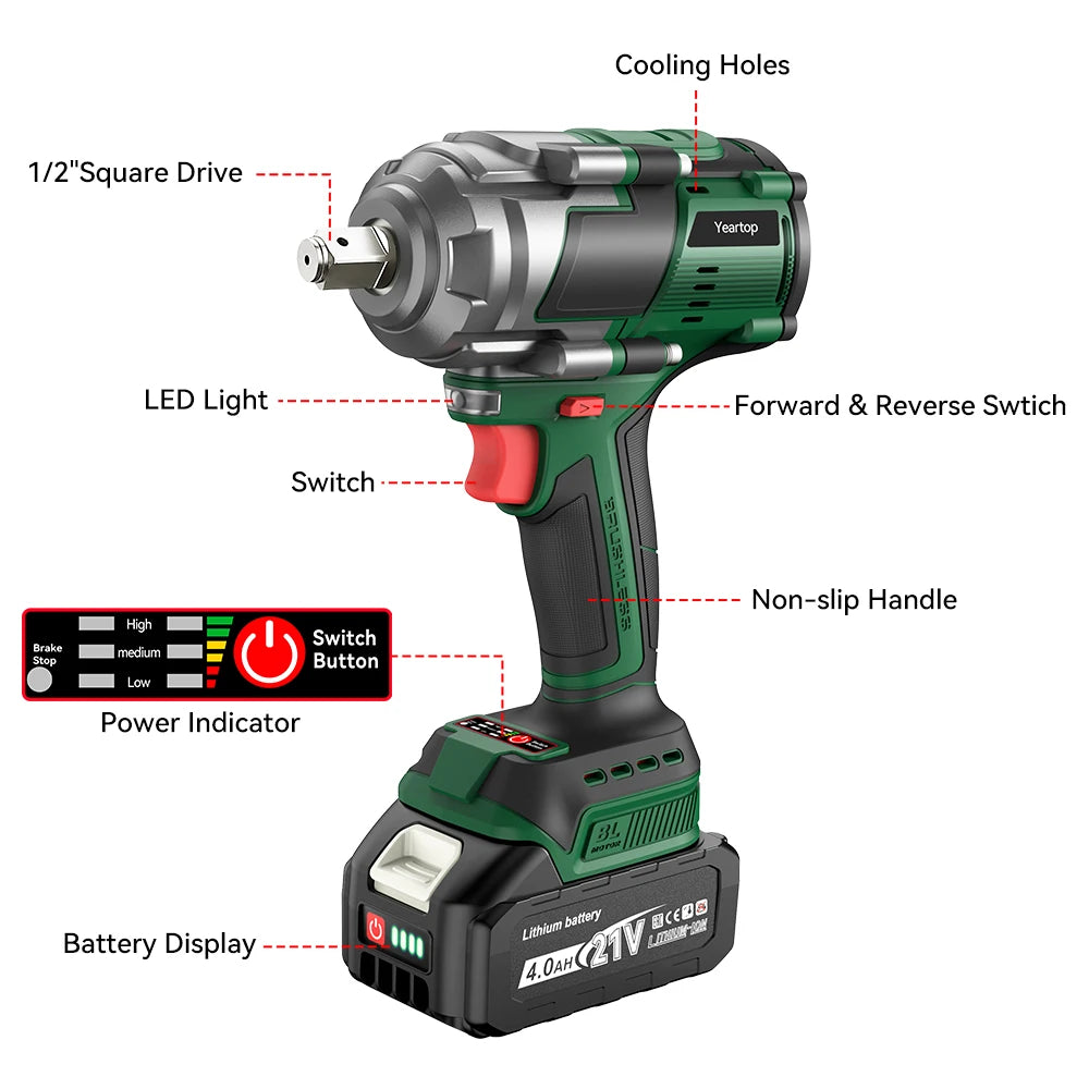 YEARTOP 2800N.M Brushless Electric Extended Anvil Impact Wrench 1/2 Inch Cordless Car Repair Power Tool For Makita 18V Battery