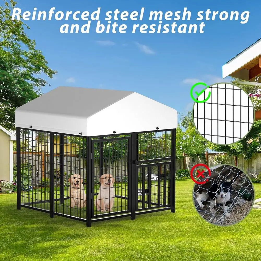 Heavy-Duty Steel Outdoor Dog Kennel, Waterproof, Double-Door, Adjustable Feeding Bowls, Suitable for Small Dogs, 4ft x 4ft x 4.2