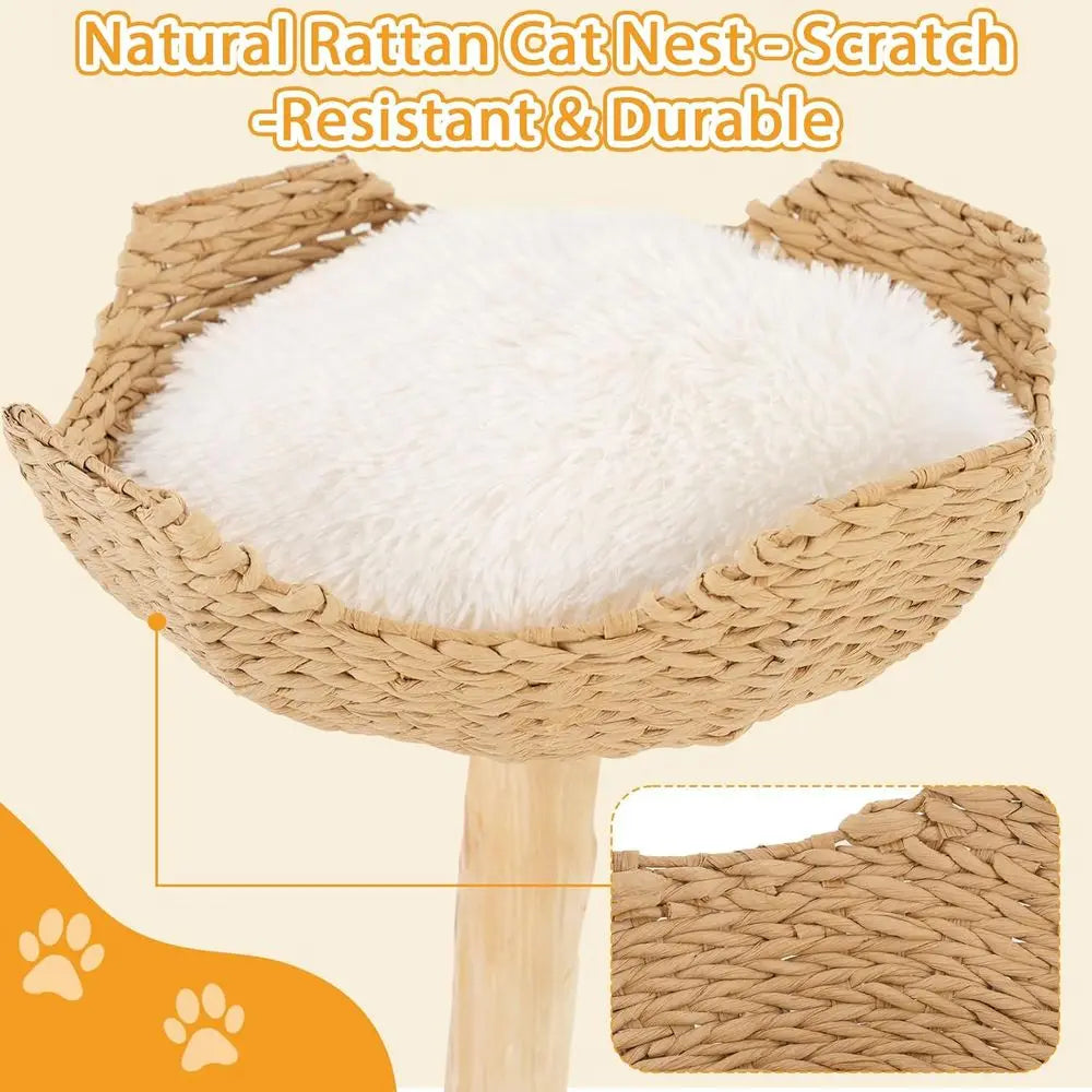 Modern Cat Tree Tower – Wooden Cat Condo with Dangling Ball, Cozy Baskets, Scratching Posts, for Large Indoor Cats, Solid Wood A