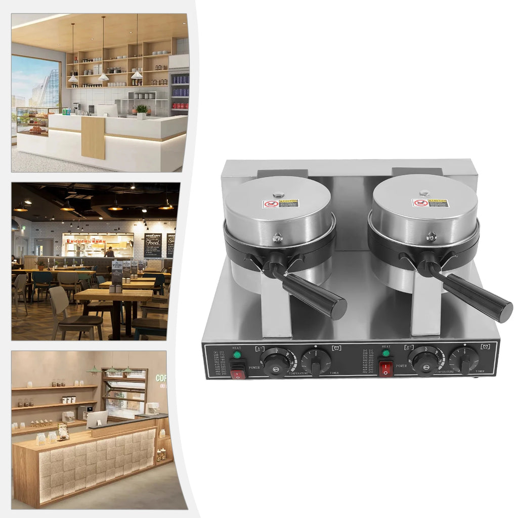 Silver 201 Stainless Steel Waffle Maker,110V Double Head Waffle Maker Machine Tabletop 50*39*30cm for Home,Dessert Stores
