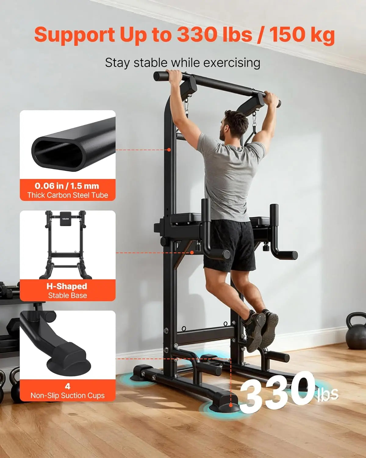 Home Gym Pull Up Bar - Metal, 330 LBS Capacity, 12-Level Adjustable Height, H-Shaped Base, 4-Level Adjustable Back Pad