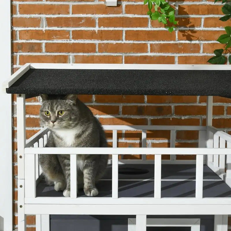 Wooden Outdoor Cat House, Feral Cat Shelter with Asphalt Roof, Escape Doors, Condo, Jumping Platform, Grey Color