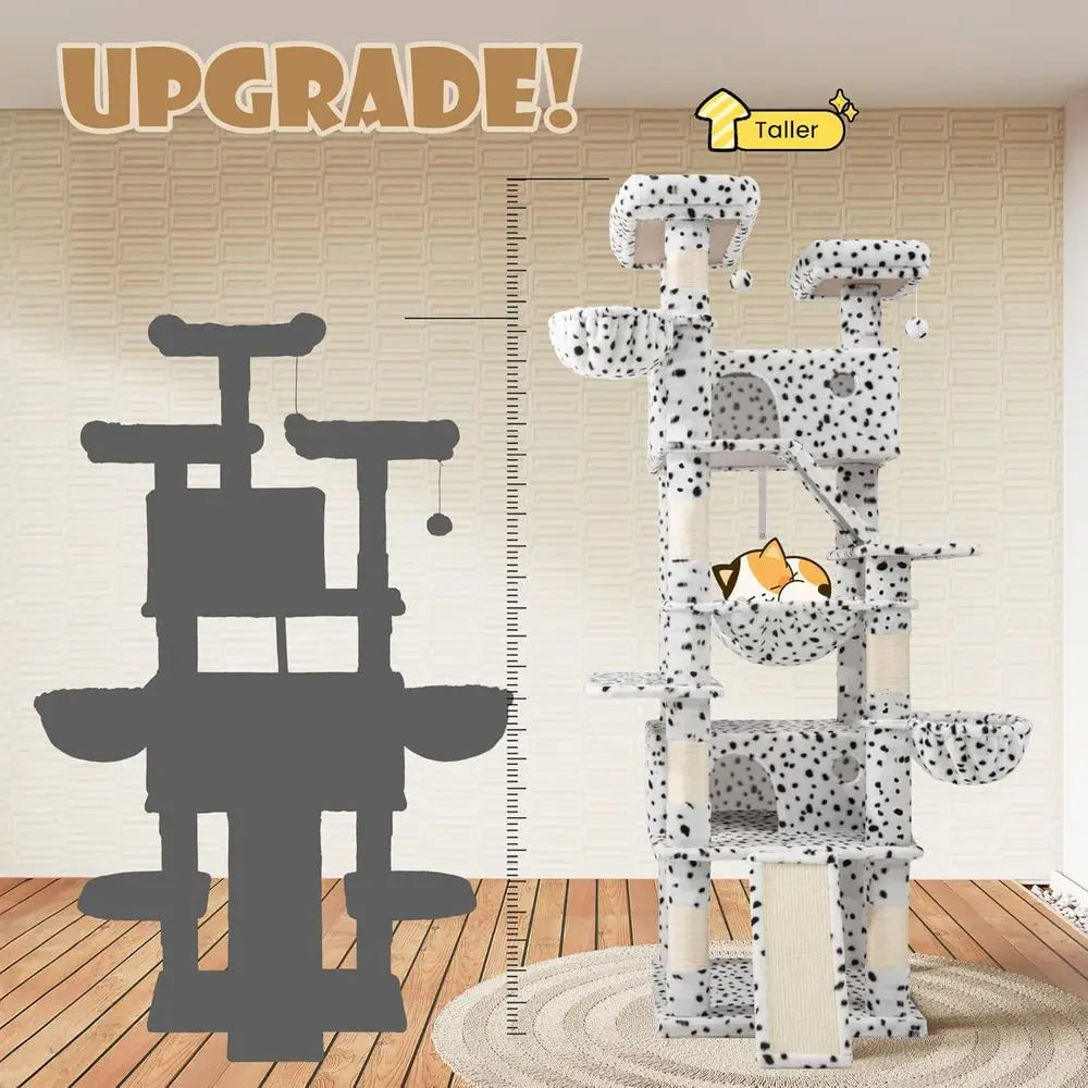 Indoor Multi-Level Cat Tree Tower with Hammock, Perches, Scratching Posts, Pet House, Wide Base, White & Black Spots
