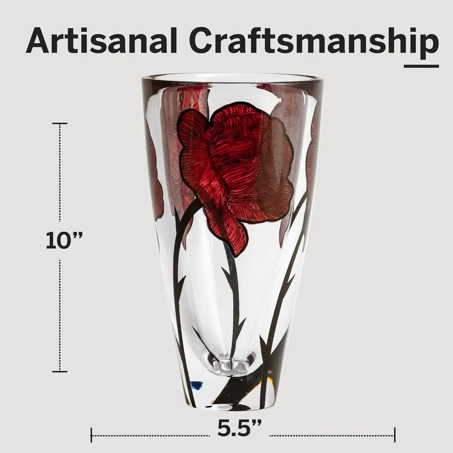 10 Inch Hand Painted Glass Vase Rose Tattoo Inspired Floral Container Table Centerpiece Home Office Decor Red Clear