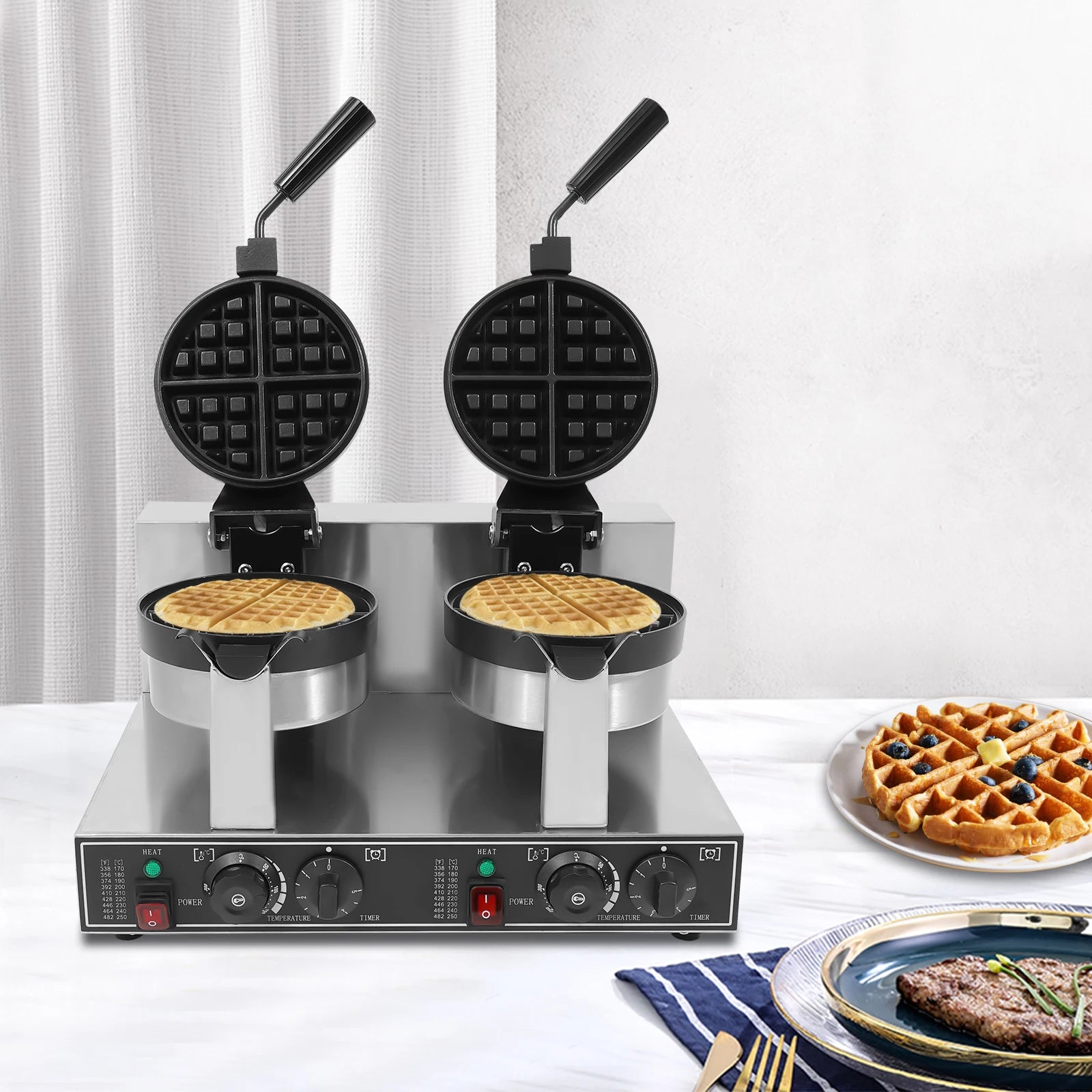 Silver 201 Stainless Steel Waffle Maker,110V Double Head Waffle Maker Machine Tabletop 50*39*30cm for Home,Dessert Stores