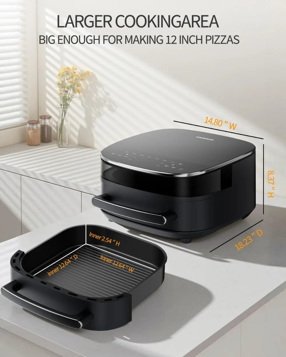 6QT Air Fryer 11-in-1, Fast Cooking with Top & Bottom Heat, No Flip, Quiet 50dB, Family Size Digital, Fits 12" Pizza or Steaks