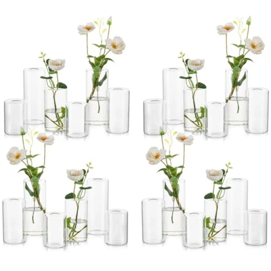 Small Glass Bud Vases for Centerpieces 24pcs Clear Blown Single Flower Vases Bulk, Modern Mini Cylinder Vase Set for Wedding An