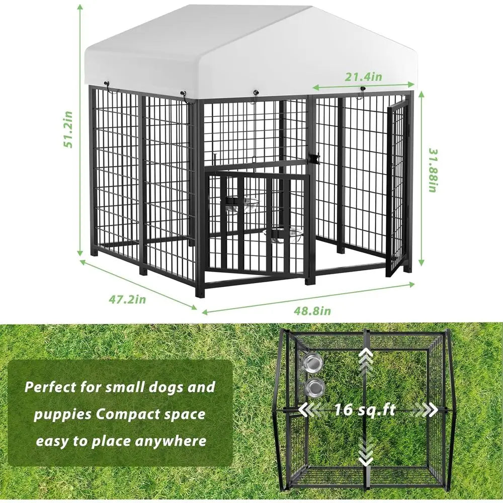 Heavy-Duty Steel Outdoor Dog Kennel, Waterproof, Double-Door, Adjustable Feeding Bowls, Suitable for Small Dogs, 4ft x 4ft x 4.2