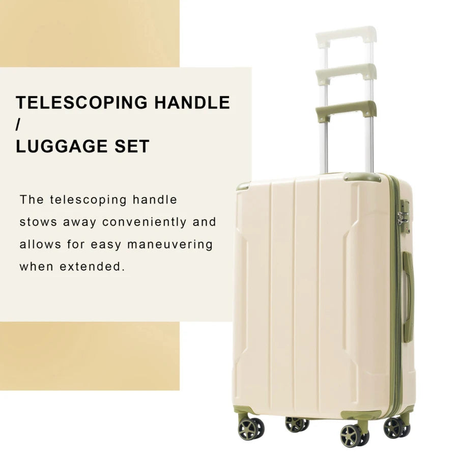 Hardshell luggage for checked travel, ABS material, white and green color, lightweight durable with double wheels and expandabl