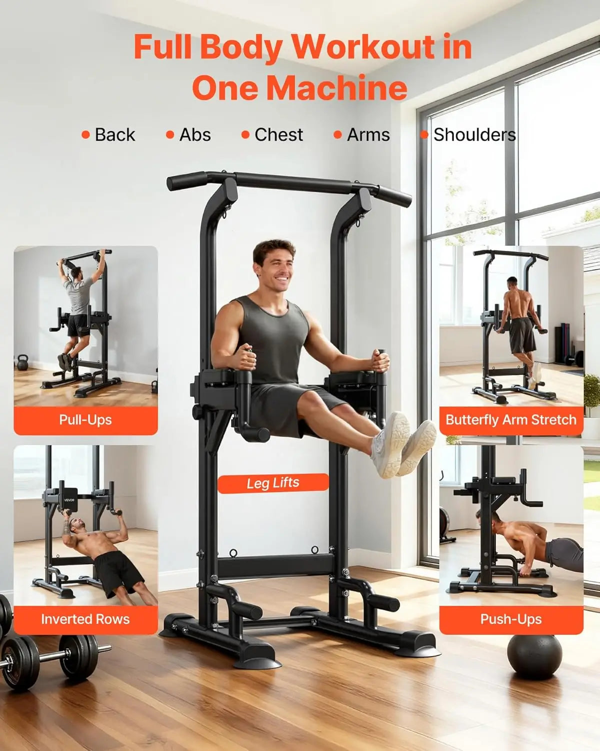 Home Gym Pull Up Bar - Metal, 330 LBS Capacity, 12-Level Adjustable Height, H-Shaped Base, 4-Level Adjustable Back Pad