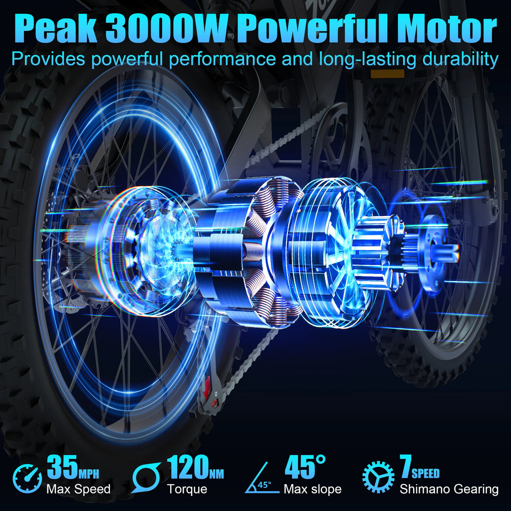 ZorixBike R8Max Adult Ebike 3000W Motor 35 MPH 48V 20Ah Lithium-Ion Battery 40-80 Mile Range Front 19"/ Rear 17"  Off-Road Tires