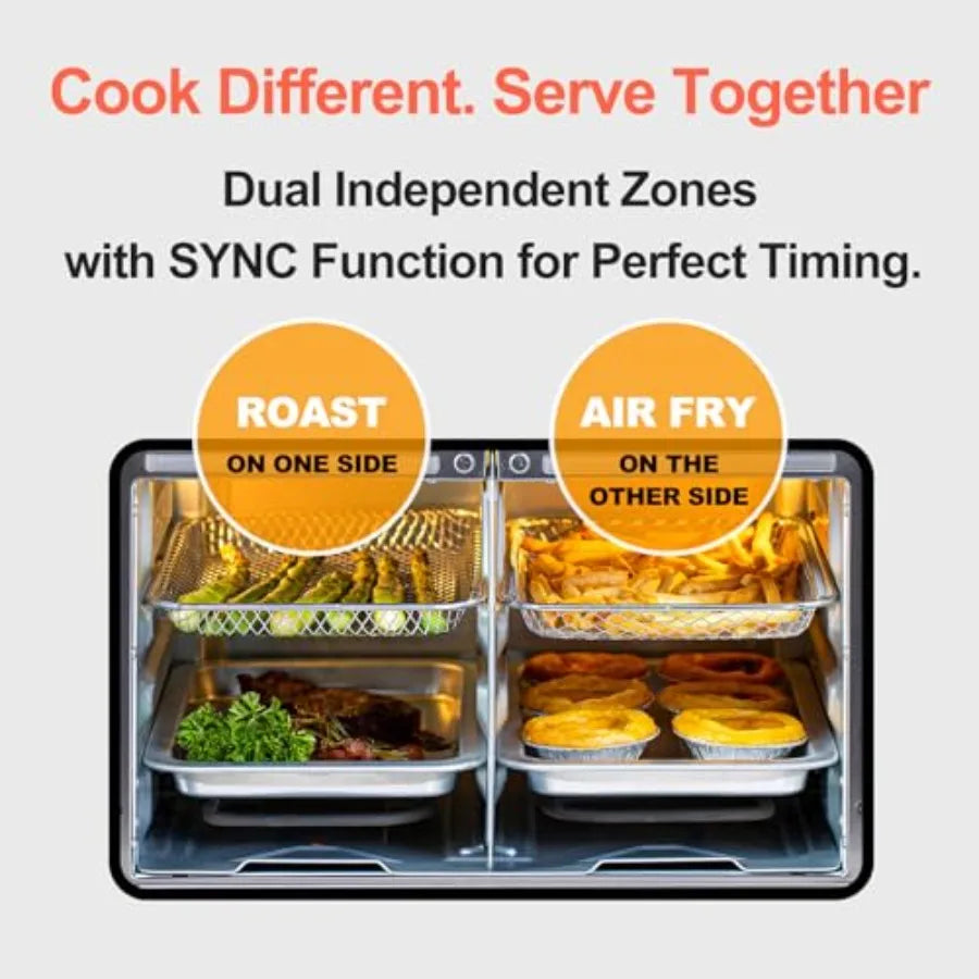 28 QT Dual-Zone Air Fryer Toaster Oven Combo with Stainless Steel Exterior French Door Design Window View Racks Rotisserie Dehy