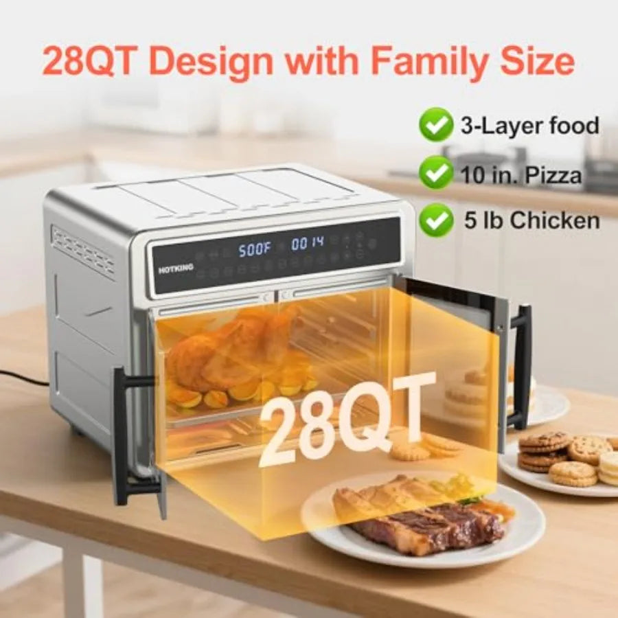 28 QT Dual-Zone Air Fryer Toaster Oven Combo with Stainless Steel Exterior French Door Design Window View Racks Rotisserie Dehy