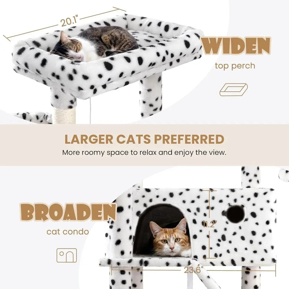 Indoor Multi-Level Cat Tree Tower with Hammock, Perches, Scratching Posts, Pet House, Wide Base, White & Black Spots