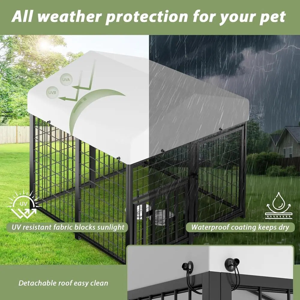 Heavy-Duty Steel Outdoor Dog Kennel, Waterproof, Double-Door, Adjustable Feeding Bowls, Suitable for Small Dogs, 4ft x 4ft x 4.2