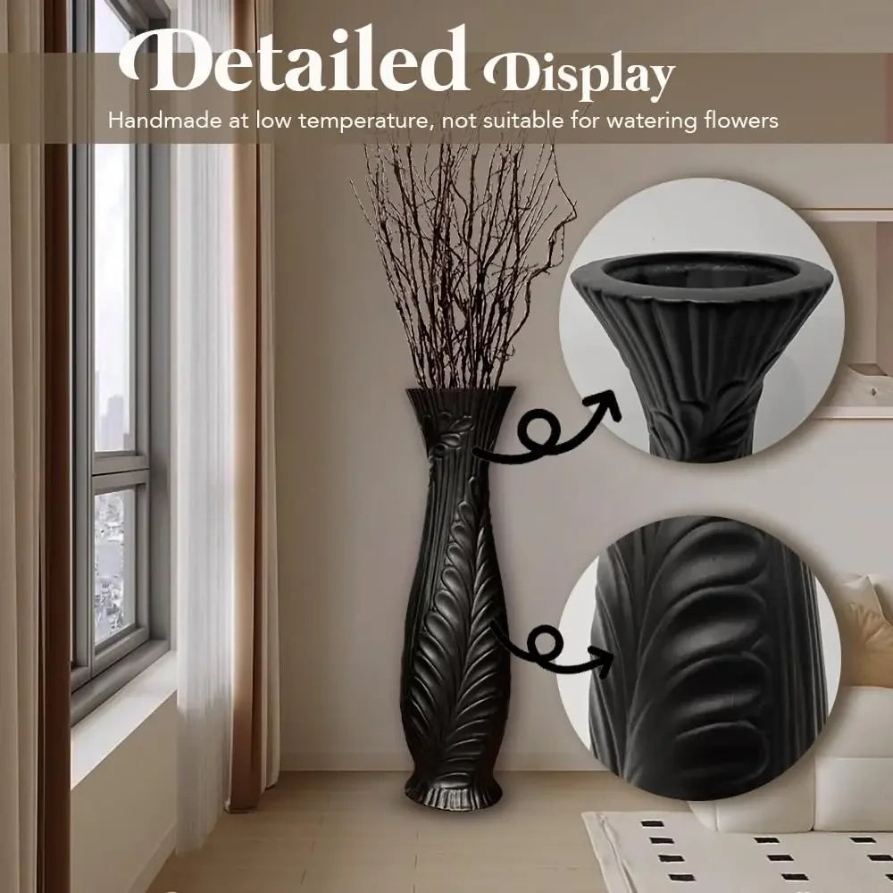 Handmade Ceramic Vase For Pampas Grass Tall Large Black Floor Vase For Home Living Room Decor Feather Pattern Wide Mouth Opening