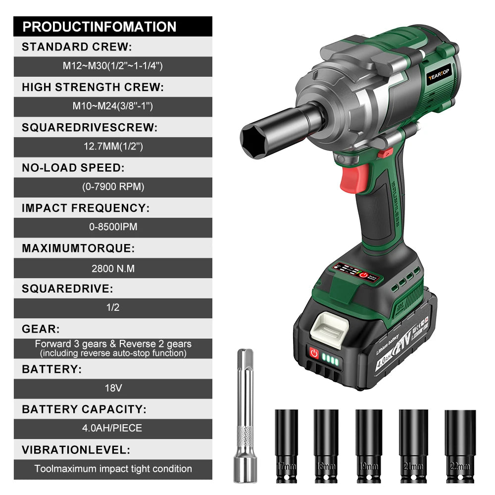 YEARTOP 2800N.M Brushless Electric Extended Anvil Impact Wrench 1/2 Inch Cordless Car Repair Power Tool For Makita 18V Battery