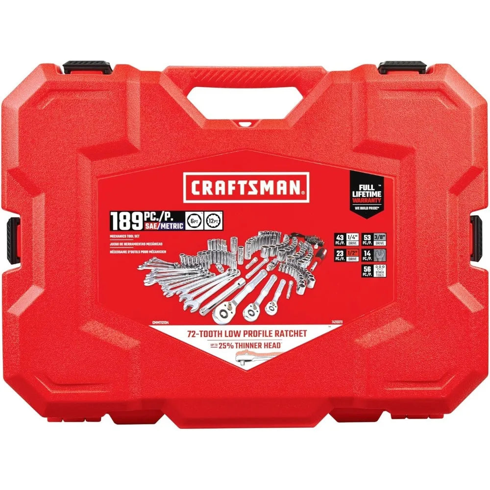 189 Piece Complete Mechanic Tool Set with Ratchet Sockets Wrenches Hex Keys Deep Sockets Bits Metric and SAE