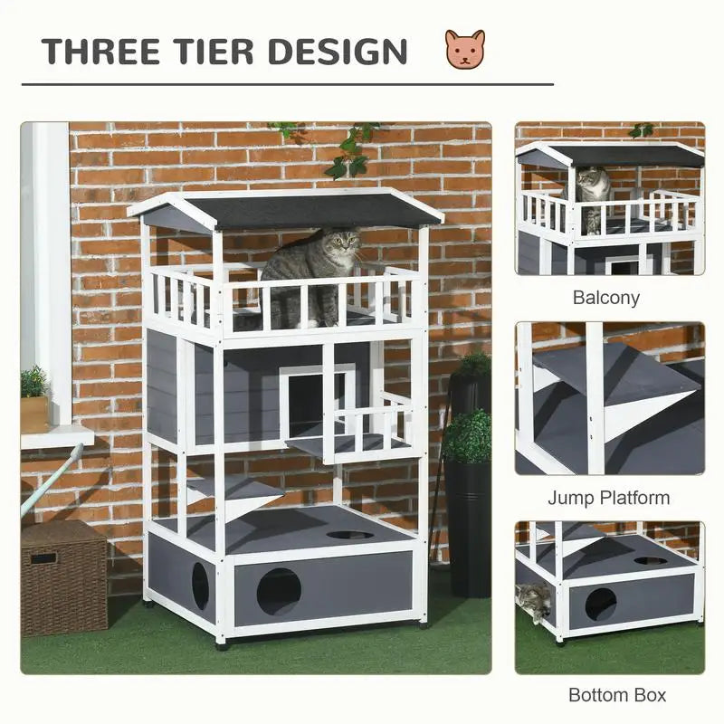 Wooden Outdoor Cat House, Feral Cat Shelter with Asphalt Roof, Escape Doors, Condo, Jumping Platform, Grey Color