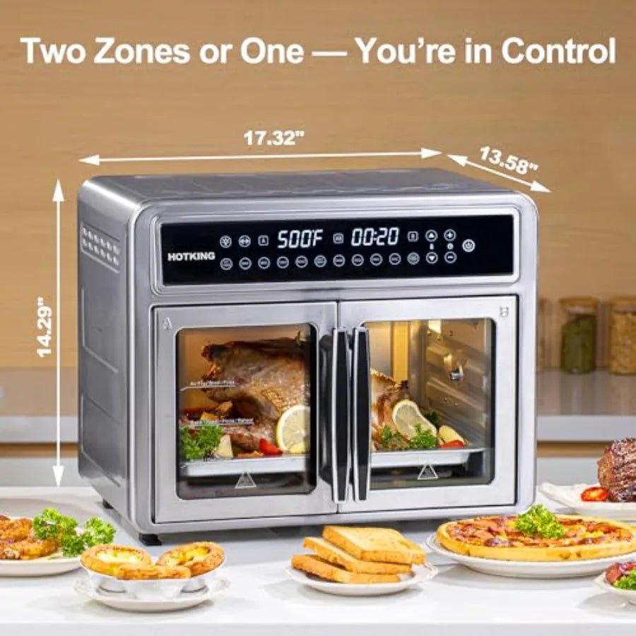 28 QT Dual-Zone Air Fryer Toaster Oven Combo with Stainless Steel Exterior French Door Design Window View Racks Rotisserie Dehy